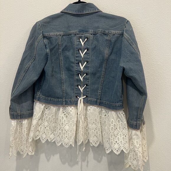 Sea New York Eyelet Trim Lace Up Combo Denim Jacket Size Xs STAINED! - Picture 5 of 9